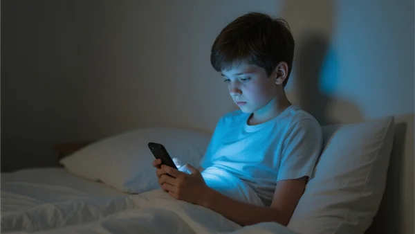 Adolescent triste seul dans sa chambre, regardant fixement un téléphone posé sur son lit, lumière bleue de l'écran éclairant son visage dans la pénombre