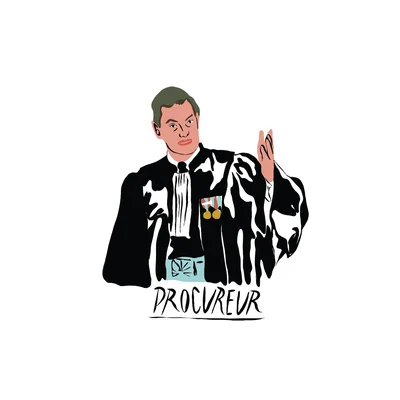 Illustration d'un procureur en robe noire, avec la mention 'PROCUREUR'.