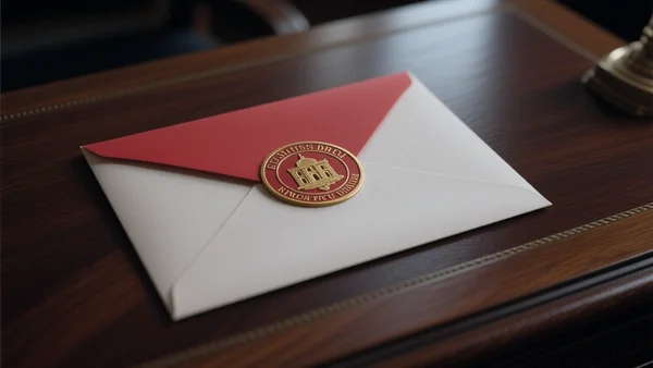 Une enveloppe officielle avec le sceau de l'Élysée posée sur un bureau en acajou, lumière tamisée, gros plan