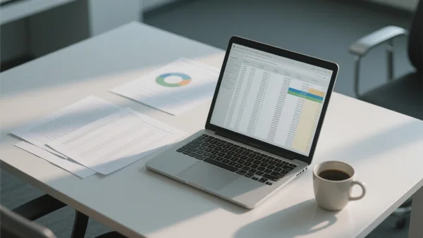 Gros plan sur un ordinateur portable ouvert avec des feuilles de calcul et des documents imprimés, une tasse de café à côté, éclairage de bureau, vue de dessus
