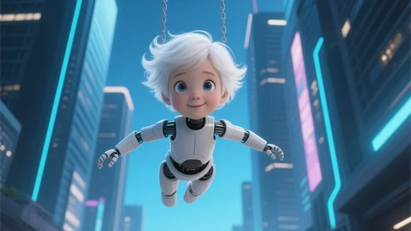 Jeune androïde aux cheveux blancs flottant dans un décor urbain futuriste sous une lumière bleutée, air enfantin et curieux