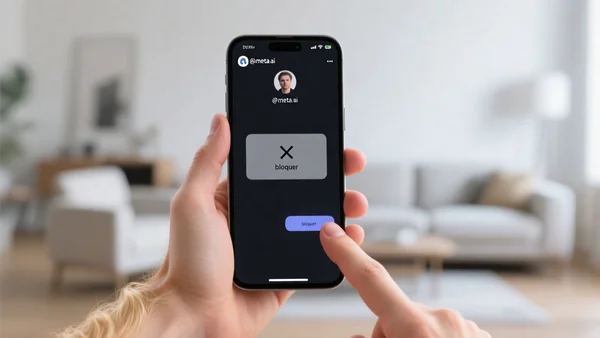 Capture d'écran d'un smartphone montrant le profil de @meta.ai avec le message d'erreur 'bloquer' grisé, doigt d'utilisateur sur l'écran, fond flou de salon moderne