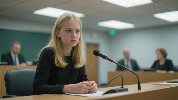 Portrait d'une adolescente assise à une table de conseil scolaire, micro devant elle, regard déterminé, salle de réunion officielle avec des adultes en arrière-plan flou, éclairage fluorescent froid
