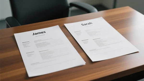 Deux CV quasi identiques côte à côte sur un bureau, l'un avec le prénom James, l'autre avec le prénom Sarah, éclairage neutre de bureau