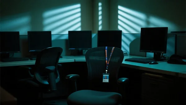 Bureau fédéral américain déserté avec stores baissés et écrans d'ordinateur éteints, badge d'accès pendu à une chaise vide, éclairage tamisé