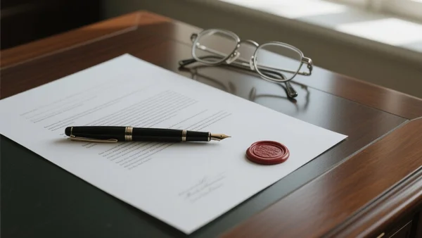 Vue rapprochée d'un bureau de notaire avec un stylo plume posé sur un document officiel, un sceau rouge et des lunettes de vue, lumière naturelle traversant une fenêtre