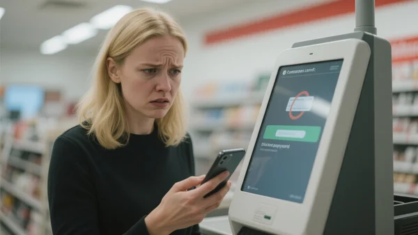 Personne tenant un smartphone devant un terminal de paiement sans contact, écran affichant une carte de paiement bloquée, expression frustrée, fond flou de magasin