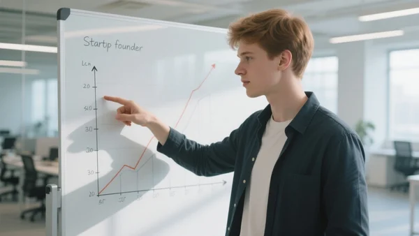 Jeune fondateur de startup présentant un graphique de croissance exponentielle devant un tableau blanc dans un open space lumineux, ambiance tech startup