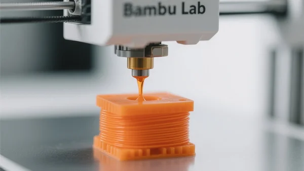 Gros plan d'une tête d'impression 3D en train de déposer du filament orange sur une pièce en cours d'impression, fond flou d'imprimante Bambu Lab, lumière blanche et nette