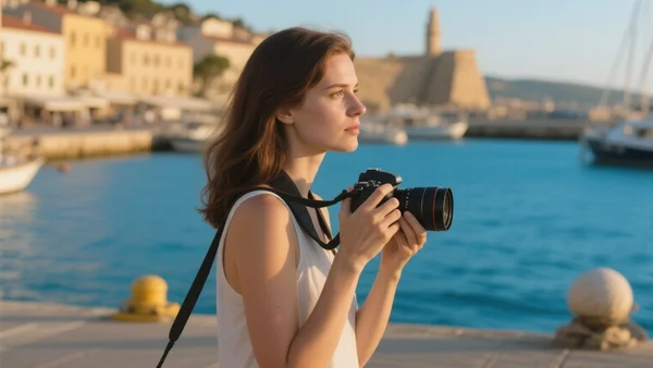 Portrait d'une femme photojournaliste en plan américain, appareil photo en bandoulière, regardant au loin sur un port méditerranéen ensoleillé, lumière dorée du matin, mer bleue en arrière-plan
