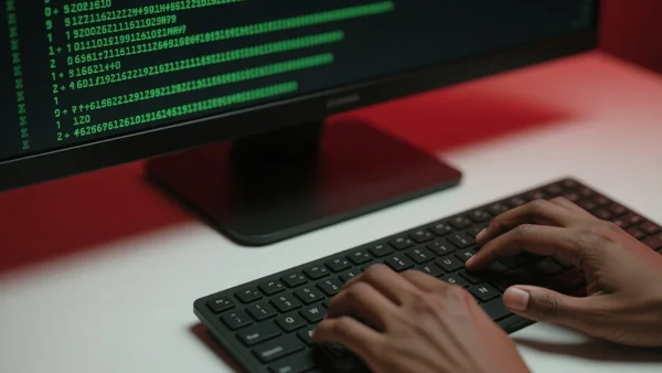 Gros plan sur des doigts tapant sur un clavier noir, code hexadécimal vert défilant sur l'écran, ambiance tamisée rouge et noire, vue plongeante