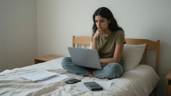 Jeune femme assise sur un lit dans une chambre étudiante, ordinateur portable ouvert, des papiers et une calculette sur le lit, ambiance de précarité et d'attente
