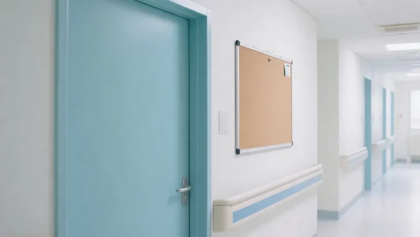 Porte fermée d'une unité d'hospitalisation pédopsychiatrique, panneau d'affichage vide, couloir faiblement éclairé, atmosphère calme et vide