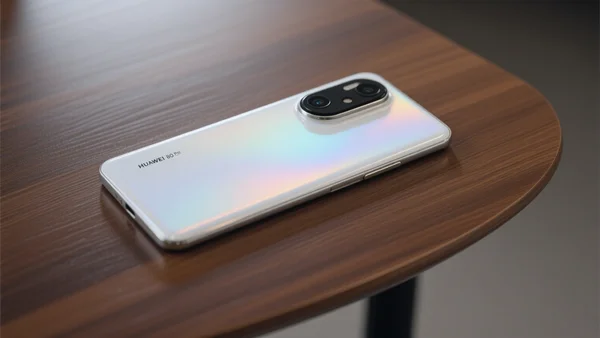 Smartphone Huawei Pura 80 Pro posé sur une table en bois, dos en verre blanc nacré reflétant la lumière, module photo triangulaire imposant visible, éclairage doux de studio