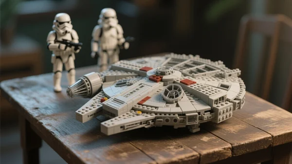 Assemblage de briques LEGO représentant le vaisseau spatial Millennium Falcon posé sur une table en bois, éclairé par une lumière tamisée, arrière-plan flou avec des figurines Stormtrooper