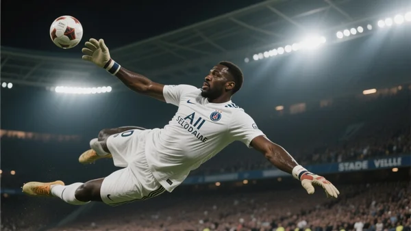 Steve Mandanda en gardien de but, plongeant pour arrêter un ballon sous les projecteurs du stade Vélodrome, foule en arrière-plan floue, maillot blanc de l'OM, ambiance nocturne électrique