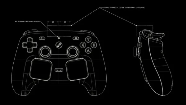 Plan CAO du Steam Controller : vues de face et de côté annotées