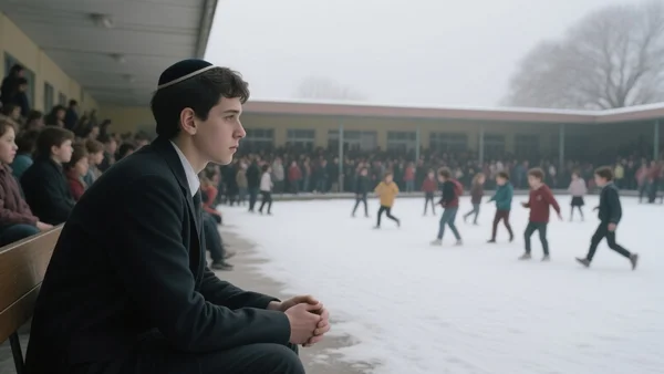 Adolescent juif assis seul au fond d'une cour de récréation bondée, regardant ses camarades jouer au loin, lumière grise d'hiver, ambiance d'isolement