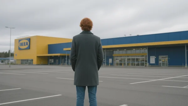 Vue extérieure du magasin Ikea de Borlänge, un immense bâtiment bleu et jaune au toit plat, entouré d'un parking presque vide sous un ciel nuageux, lumière grise de Scandinavie