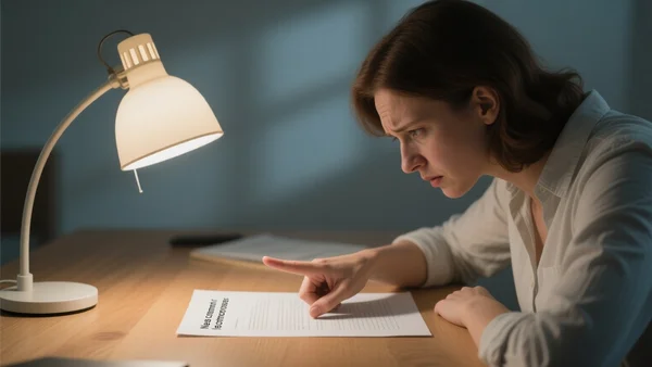 Document interne flouté posé sur un bureau, titres de sections visibles comme 'Ne pas commenter la controverse', doigt pointant une ligne, éclairage de lampe de bureau, ambiance de travail sous tension