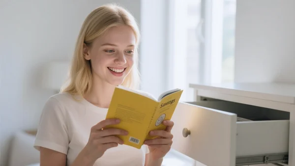 Jeune femme d'environ vingt ans ouvrant un tiroir chez elle, regardant un livret d'épargne jaune avec étonnement et sourire, intérieur lumineux et décontracté, gros plan sur ses mains tenant le livret