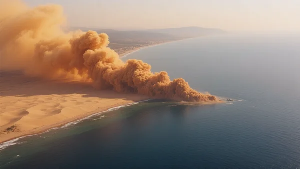 Vue aérienne d'un immense panache de sable ocre s'étendant au-dessus de la mer Méditerranée, avec la côte française visible au loin, ciel voilé et teinté de jaune orangé