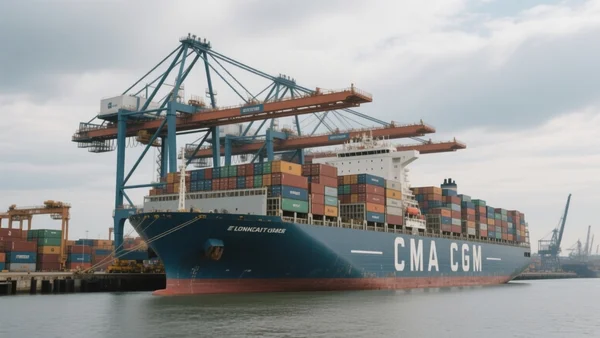 Porte-conteneurs géant de CMA CGM amarré dans un port industriel, grues et conteneurs colorés empilés, ciel nuageux
