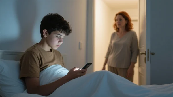Adolescent de 16 ans regardant son téléphone dans sa chambre, visage éclairé par l'écran, parent debout dans l'embrasure de la porte, lumière tamisée du couloir