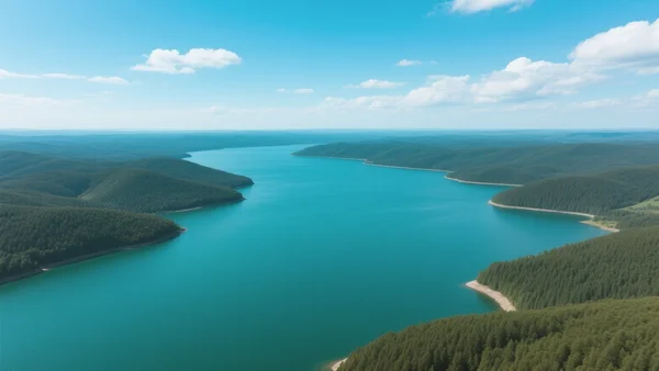 Vue aérienne d'un grand lac de retenue entouré de collines boisées, eau turquoise foncée, horizon dégagé, ciel bleu avec quelques nuages blancs, échelle montrant l'immensité du plan d'eau