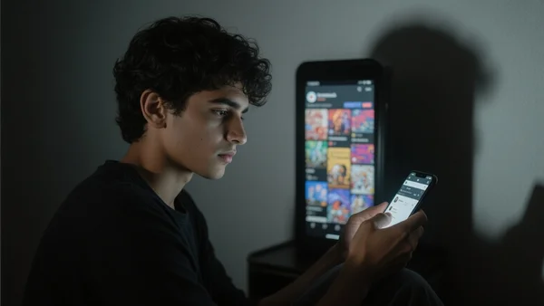 Jeune homme scrollant sur son smartphone dans une chambre sombre, visage éclairé par l'écran affichant un flux de réseaux sociaux, atmosphère inquiétante