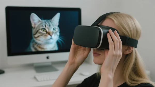 Gros plan sur les mains d'une personne ajustant un casque de réalité virtuelle, reflet d'un avatar félin aux oreilles pointues sur l'écran d'ordinateur derrière elle, ambiance tamisée de chambre de streamer