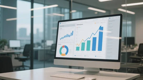 Tableau de bord d'analyse avec des graphiques de croissance en forte hausse, écran d'ordinateur lumineux dans un bureau moderne à Berlin, reflets de lumière sur le verre
