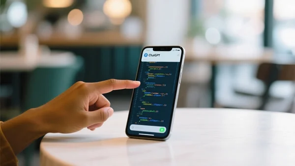 Smartphone posé sur une table montrant l'interface de ChatGPT avec du code Python affiché à l'écran, doigt d'une main pointant une ligne de code, arrière-plan flou d'un café lumineux