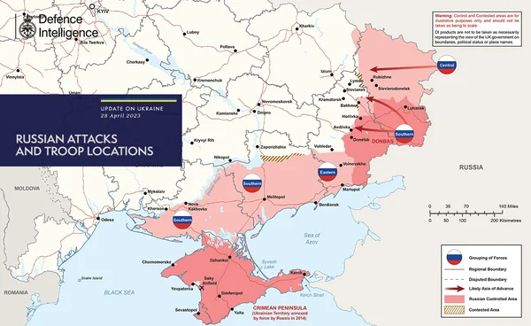 Carte du renseignement britannique sur les groupements de troupes russes en Ukraine en avril 2023.