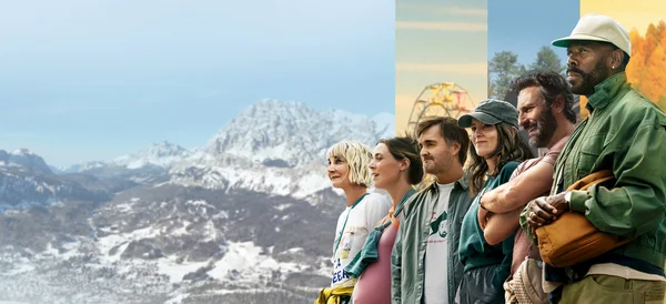 Affiche promotionnelle de 'Les Quatre Saisons' avec les acteurs devant un décor de montagne et de fête foraine.