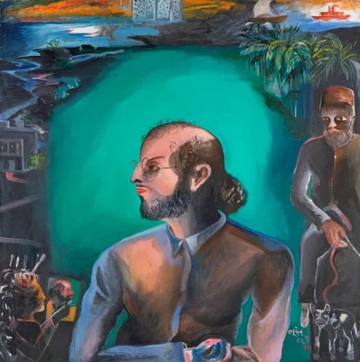 Portrait peint de Salman Rushdie, intitulé 'The Moor', avec un arrière-plan surréaliste.