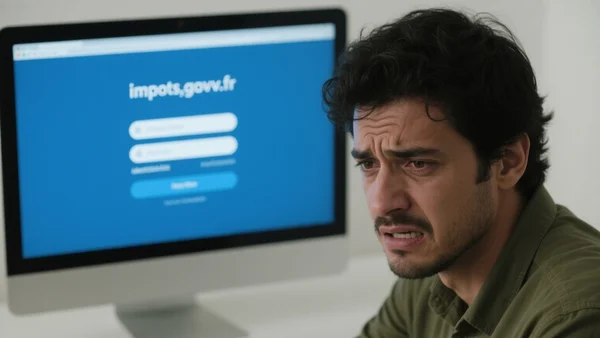 Plan rapproché d'une personne stressée devant un ordinateur affichant la page de connexion du site impots.gouv.fr, lumière bleutée de l'écran sur le visage
