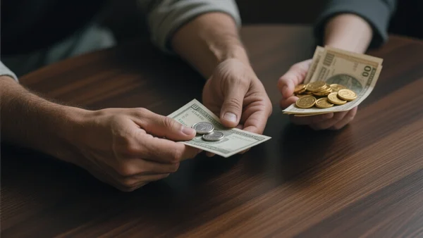 Vue rapprochée de deux mains tenant chacune un billet de banque et des pièces de monnaie, posés sur une table en bois sombre, éclairage contrasté mettant en avant la notion de budget et de revenu