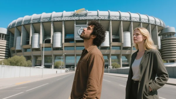 Façade du stade Santiago Bernabéu sous un ciel bleu, architecture moderne et toit rétractable fermé, rue calme de Madrid en arrière-plan