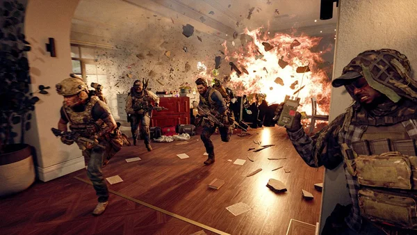 Capture d'écran de Battlefield 6 avec des soldats et une explosion spectaculaire.