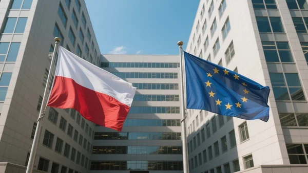 Drapeau polonais et drapeau européen côte à côte devant le bâtiment de la Commission européenne à Bruxelles, jour ensoleillé