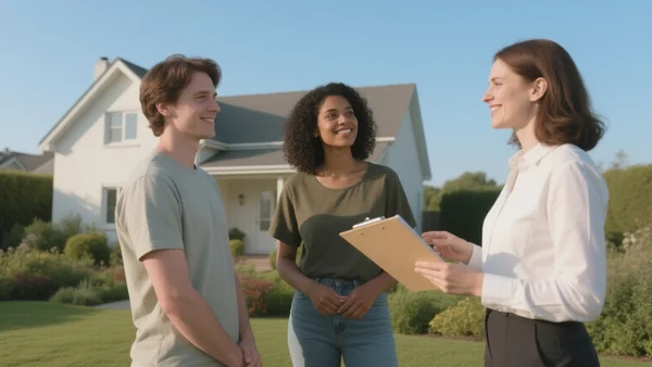 Couple devant une maison mitoyenne avec jardin, discutant avec un agent immobilier souriant tenant un dossier, ciel bleu clair, lumière naturelle de fin de matinée