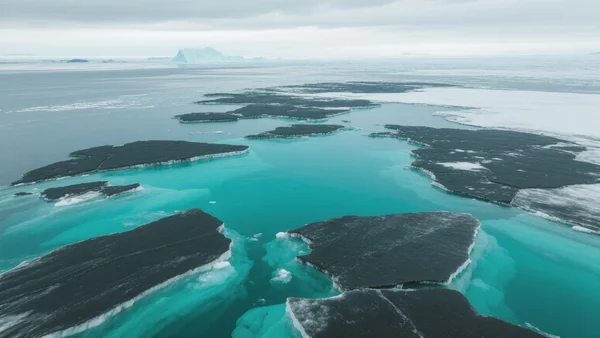 Glace de mer arctique se brisant en fragments sombres dans une eau turquoise, ciel nuageux, vue aérienne large montrant la banquise qui se désagrège