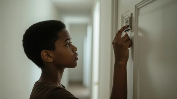Main d'adolescent retirant discrètement une mezuzah de l'encadrement d'une porte d'entrée, doigts hésitants, lumière tamisée d'un couloir