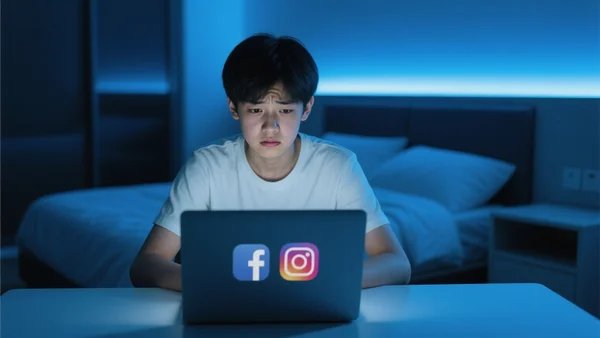 Adolescent assis devant un ordinateur portable, écran affichant les logos de Facebook et Instagram, chambre moderne éclairée par une lumière bleutée, regard inquiet