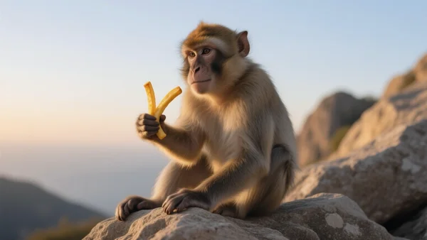 Gros plan d'un macaque de Gibraltar assis sur un rocher calcaire, tenant une frite dans sa main, lumière dorée du soleil couchant