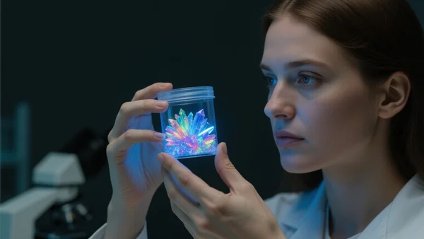 Main tenant un petit récipient transparent rempli de nanocristaux luminescents aux couleurs vives, éclairé par une lumière bleue, fond sombre de laboratoire