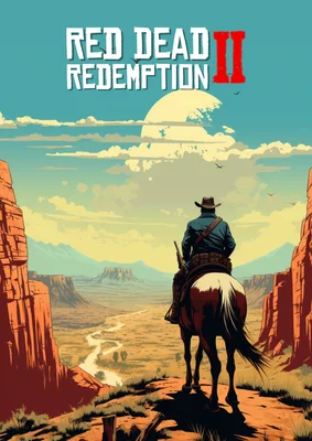 Affiche promotionnelle de Red Dead Redemption II représentant un cow-boy à cheval devant un paysage de canyon.
