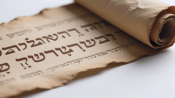 Gros plan sur un rouleau de cuir ancien partiellement déroulé, lettres hébraïques brunes sur fond beige, lumière rasante mettant en valeur les plis et la texture du parchemin, fragment d'écriture manuscrite antique