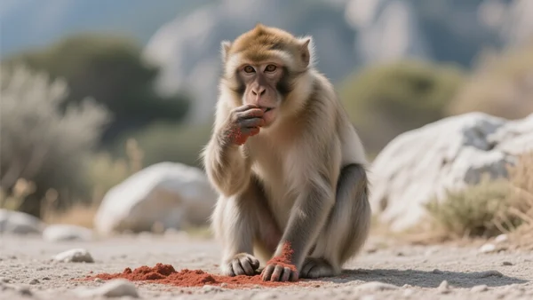 Macaque accroupi au sol, la main portant de la terre rougeâtre à sa bouche, arrière-plan flou de rochers et végétation méditerranéenne